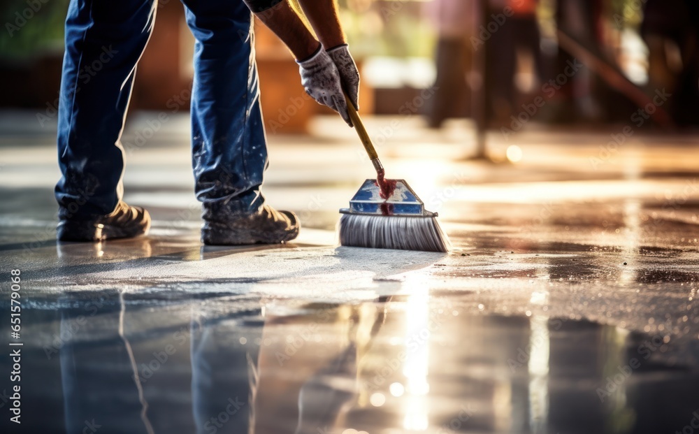 A man is laying cement on a floor