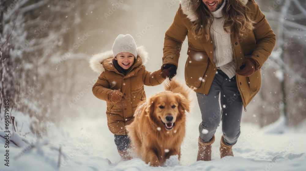 Happy family with dog in winter park