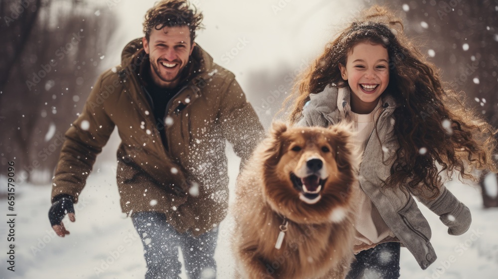 Happy family with dog in winter park