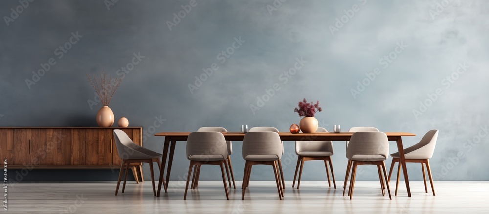 Modern dining room with wooden furniture and concrete wall