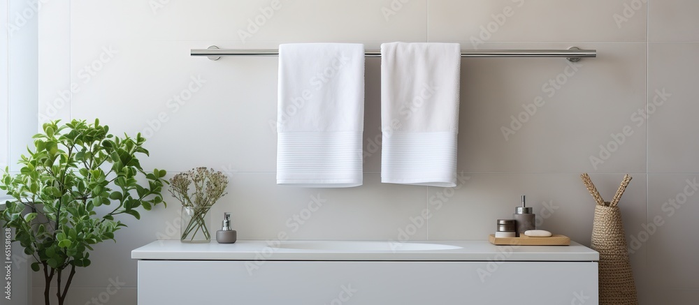 White stainless steel towel holder on bathroom wall