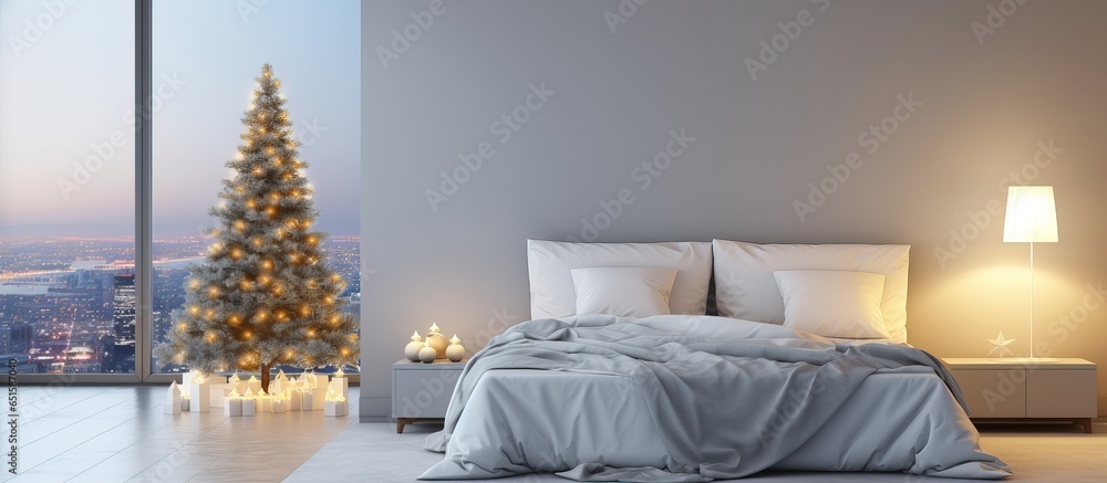 Bedroom with illuminated lights and festive tree