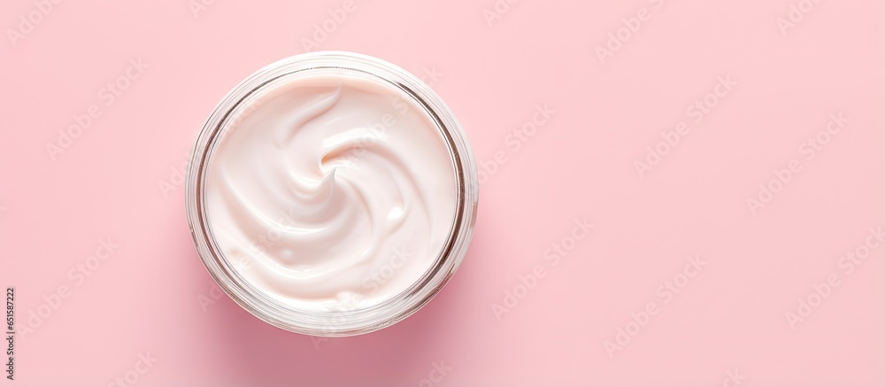 Healthy diet foods in a pink backgrounded yogurt jar isolated pastel background Copy space