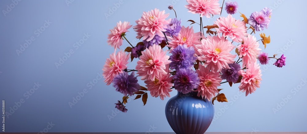 Artificial vase holding pink blue and purple Chrysanthemum