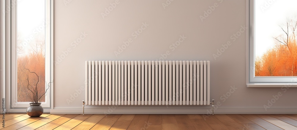 Adjustable heating white radiator in living room with large window and wooden floor