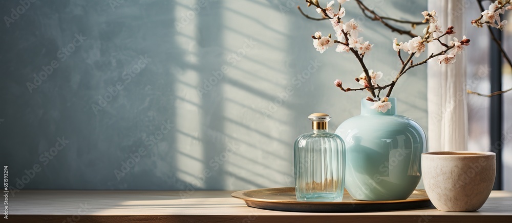 Stylish room with vase perfume and mirror on table