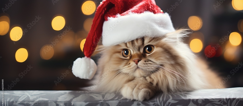 Cat wearing Santa hat sitting on plaid symbolizing New Year in serious anticipation of Christmas horizontal image for veterinary calendar or poster design