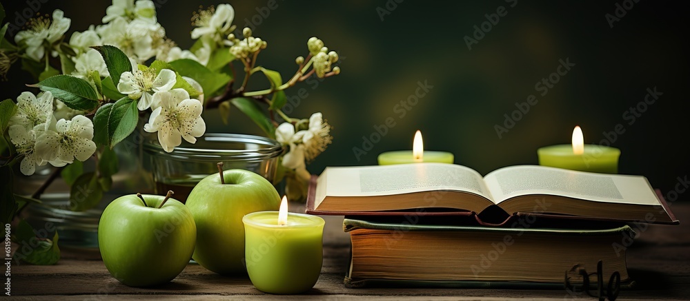 Selective focus on apple bowl open book reading glasses lit candle and flowers