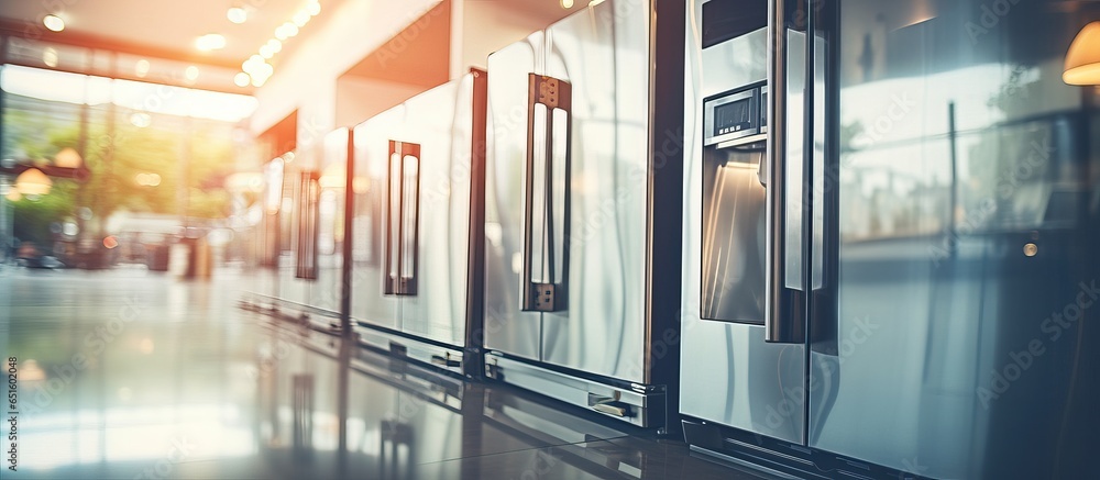 Out of focus store displays a range of brand new French door fridges with ice makers stainless steel finish and price tags giving off a vintage vibe