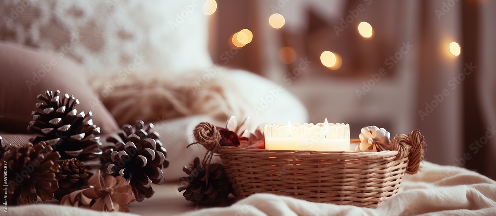 Candlelit cozy home with rustic basket of pine cones and spices