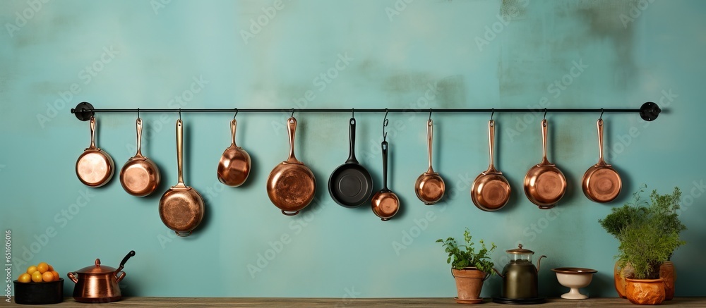 Utensils hanging on kitchen wall