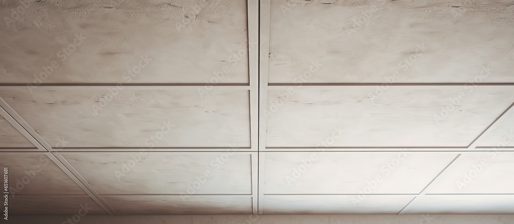 Close up of two drywall panels fastened to the ceiling with self tapping screws