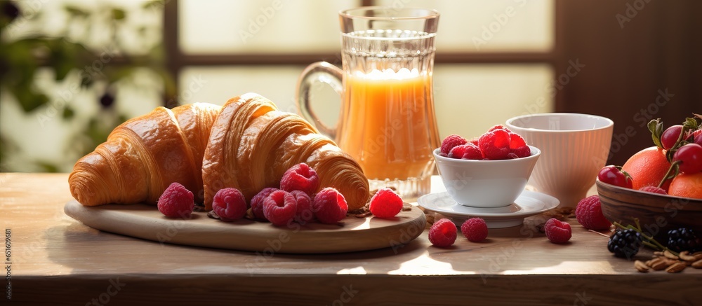 Table set with waffles croissants coffee and juice for breakfast