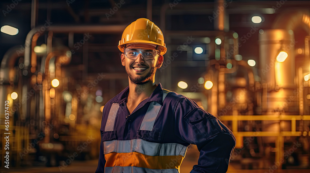 A happy young man petrochemical engineer working at night Inside oil and gas refinery plant factory. Generative Ai.