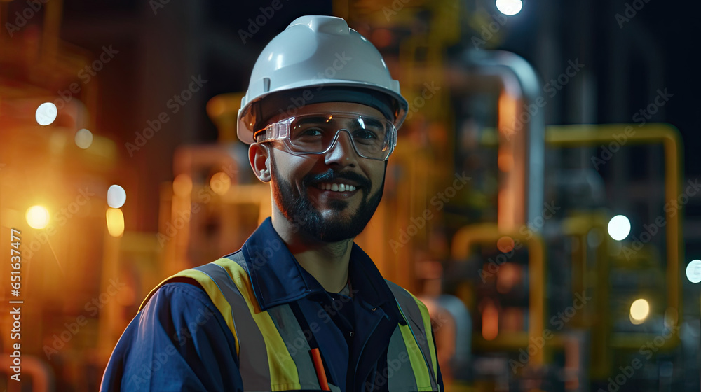 A happy young man petrochemical engineer working at night Inside oil and gas refinery plant factory. Generative Ai.