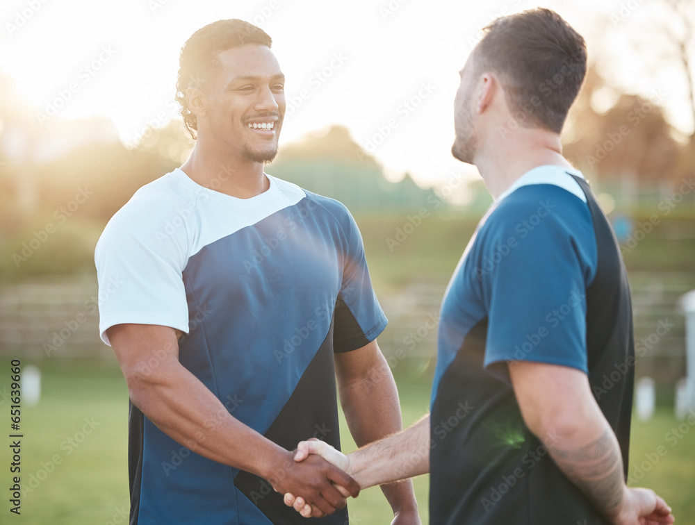 Cheerleader handshake, field and happy people, team or men greeting, thank you and welcome to sports teamwork competition. Cheerleading agreement, partnership smile and dancer shaking hands on pitch