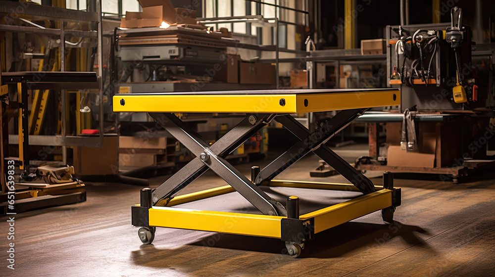 A medium sized hydraulic lift table being used in a warehouse..Generative Ai