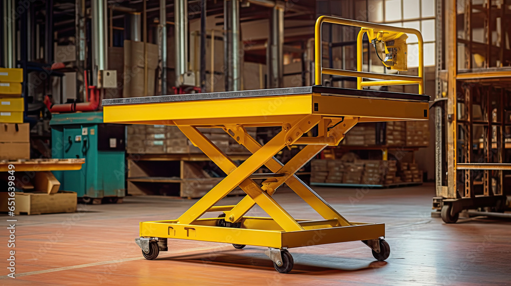 A medium sized hydraulic lift table being used in a warehouse..Generative Ai