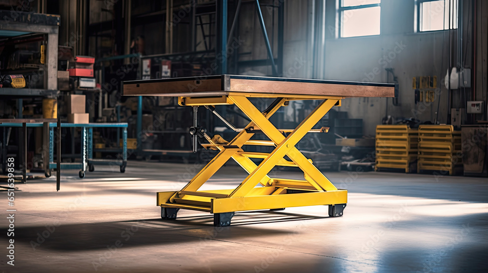 A medium sized hydraulic lift table being used in a warehouse..Generative Ai