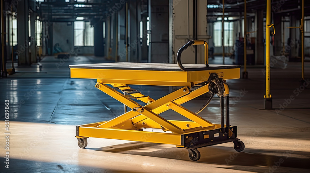 A medium sized hydraulic lift table being used in a warehouse..Generative Ai