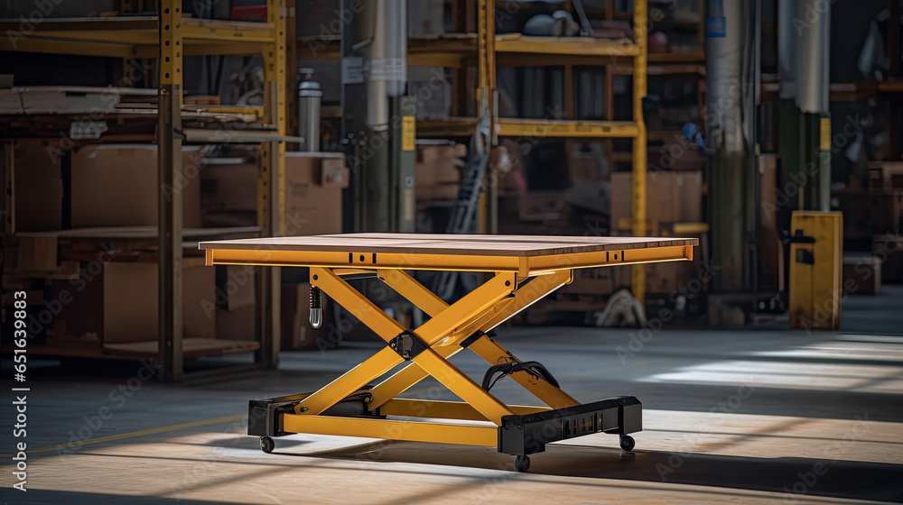 A medium sized hydraulic lift table being used in a warehouse..Generative Ai