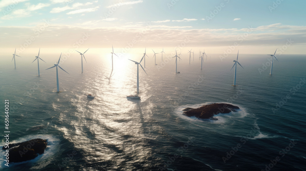 Aerial view of windmill park in the ocean with wind turbine. Generative Ai