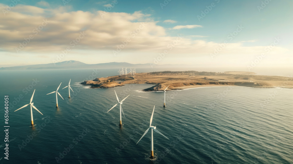 Aerial view of windmill park in the ocean with wind turbine. Generative Ai