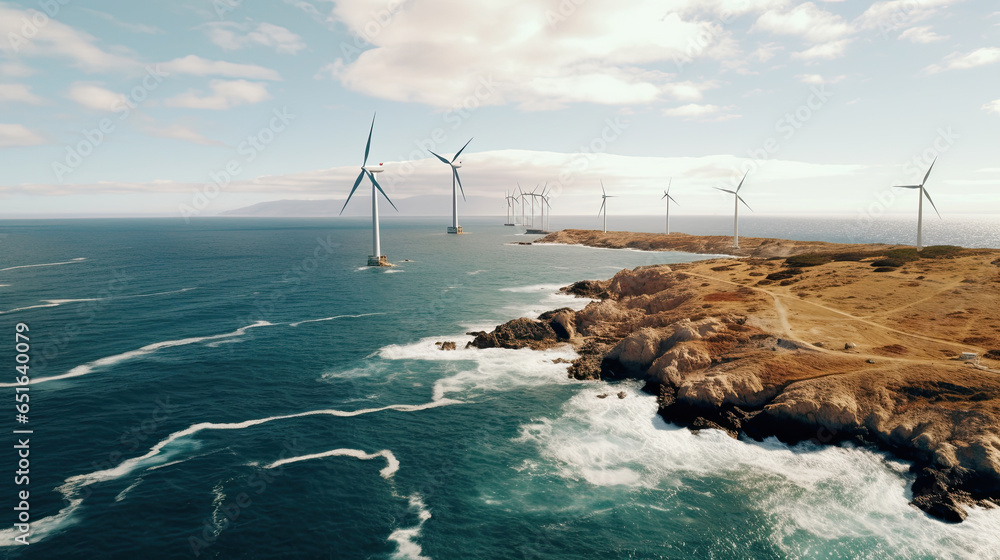 Aerial view of windmill park in the ocean with wind turbine. Generative Ai