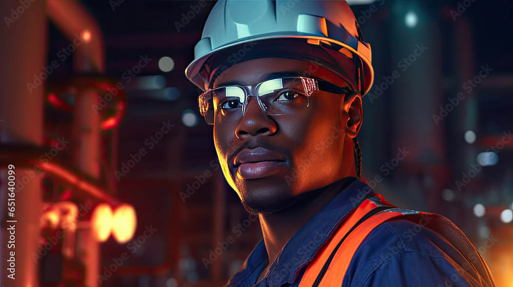 African american young man petrochemical engineer working at night Inside oil and gas refinery plant factory. Generative Ai.