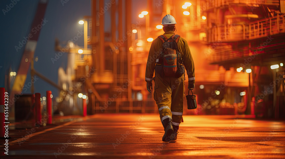 Close up of Offshore oil rig worker walks to an oil and gas facility to work in the process area. Generative Ai