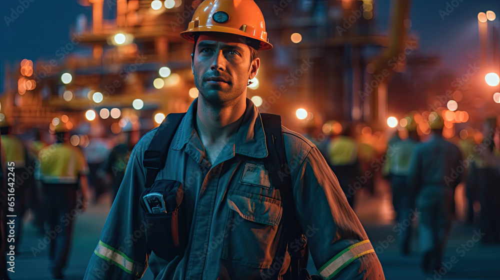 Close up of Offshore oil rig worker walks to an oil and gas facility to work in the process area. Generative Ai