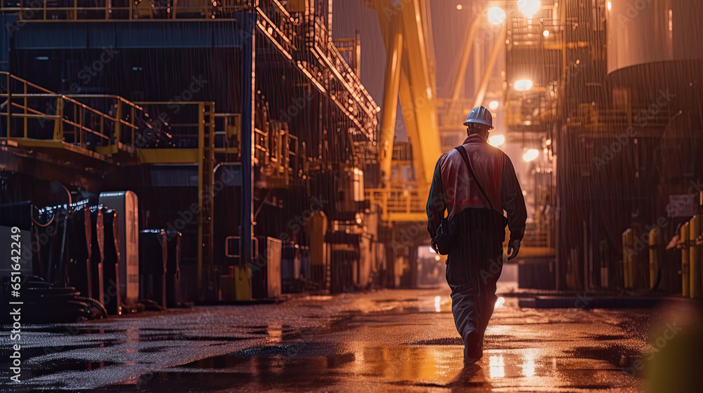 Close up of Offshore oil rig worker walks to an oil and gas facility to work in the process area. Generative Ai