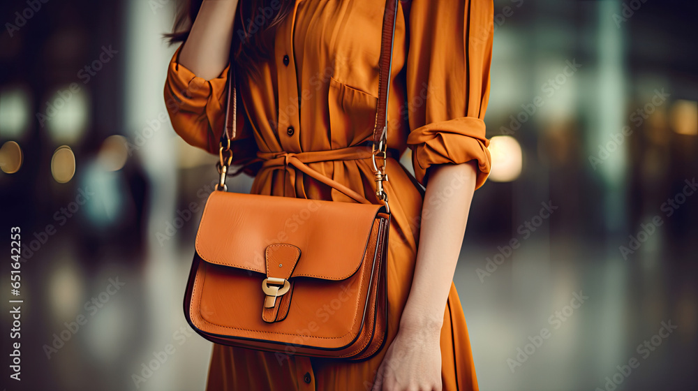 Close up of Stylish fashionable woman wearing bright dress holding brown bag handbag. Generative Ai