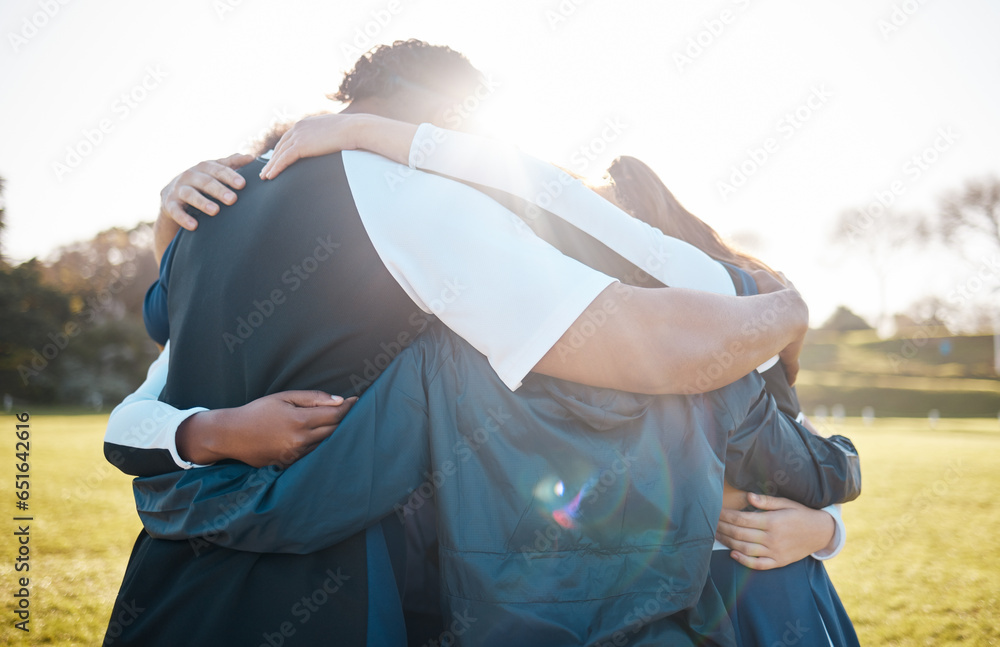 Cheerleader team, group hug and huddle for sports competition support, trust or community motivation. Cheerleading, group solidarity and dancer care embrace, teamwork or contest unity on grass pitch