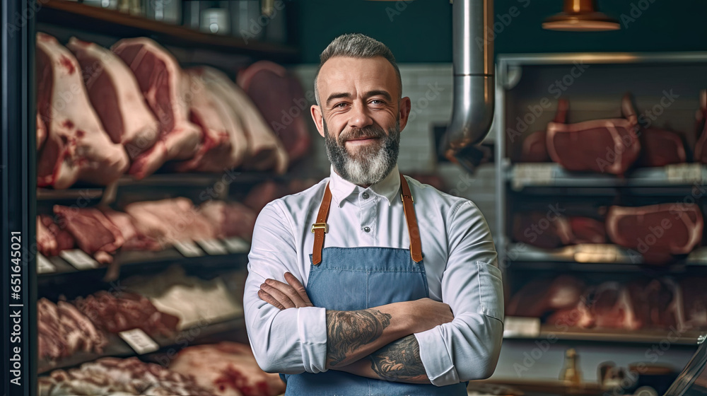 Portrait of A happy butcher standing with arms crossed in modern meat shop. Generative Ai