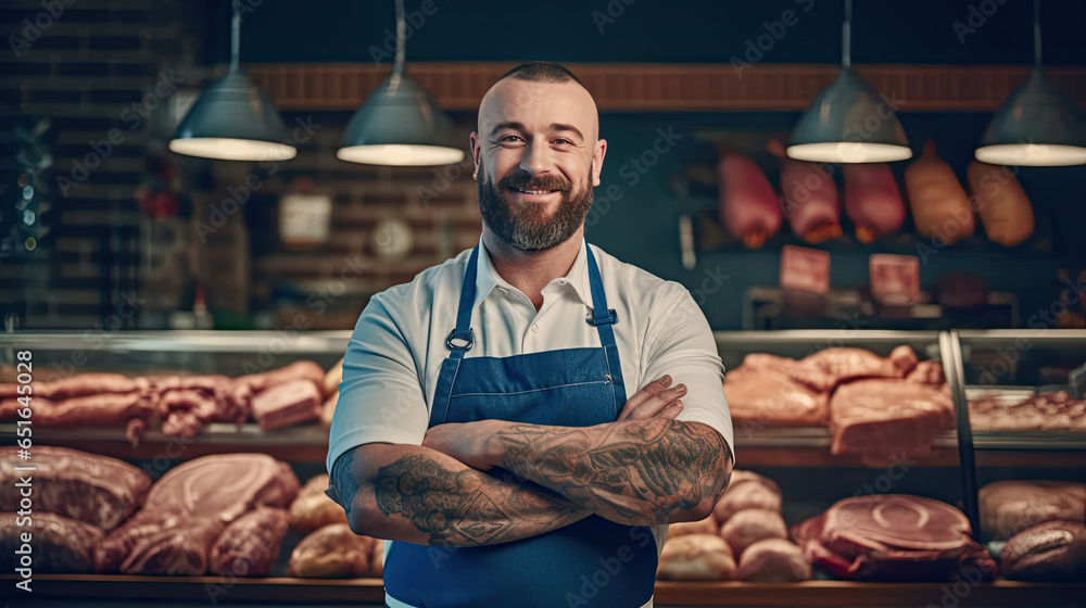 Portrait of A happy butcher standing with arms crossed in modern meat shop. Generative Ai