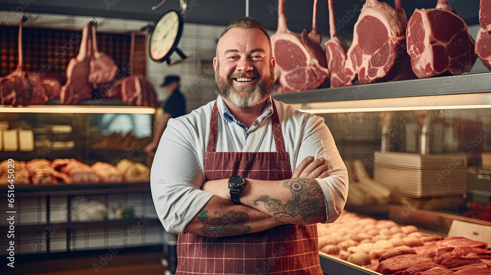 Portrait of A happy butcher standing with arms crossed in modern meat shop. Generative Ai