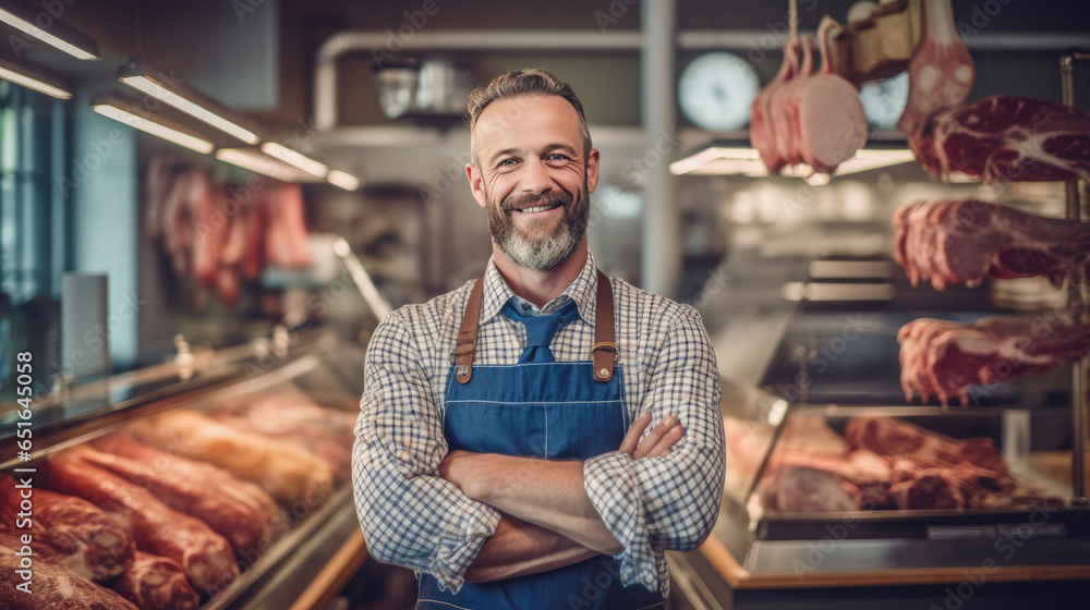 Portrait of A happy butcher standing with arms crossed in modern meat shop. Generative Ai