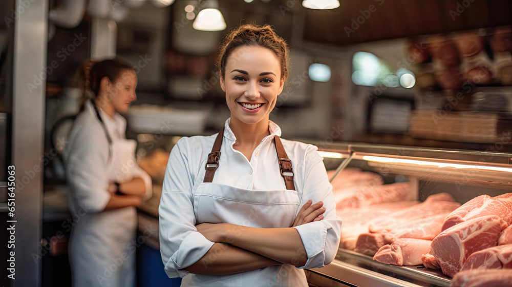 Portrait of A happy female butcher standing with arms crossed in modern meat shop. Generative Ai