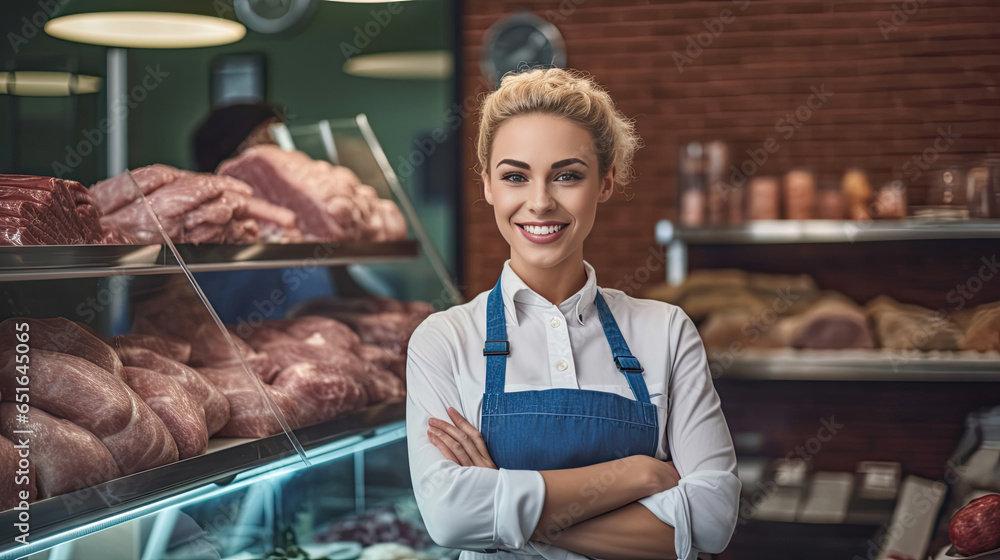 Portrait of A happy female butcher standing with arms crossed in modern meat shop. Generative Ai