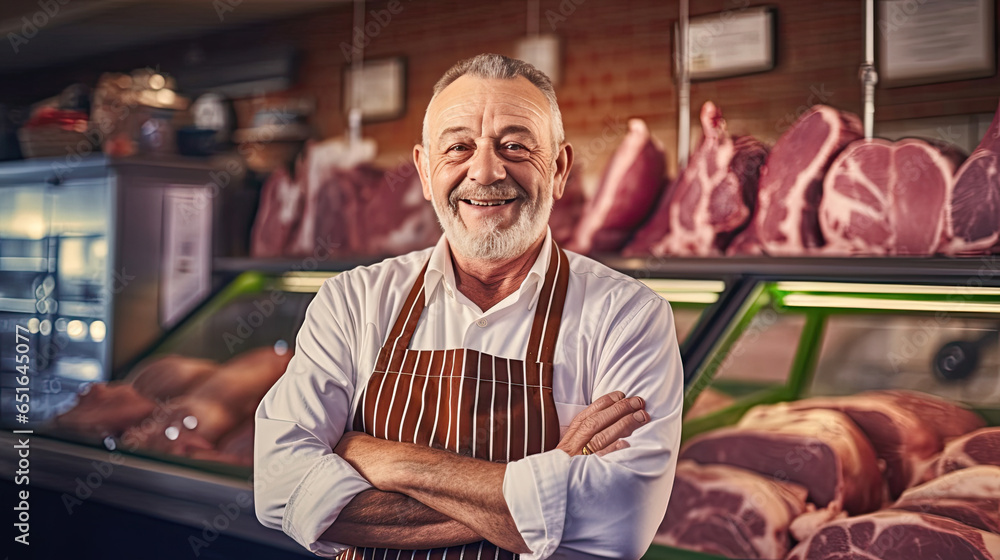 Portrait of A happy butcher standing with arms crossed in modern meat shop. Generative Ai