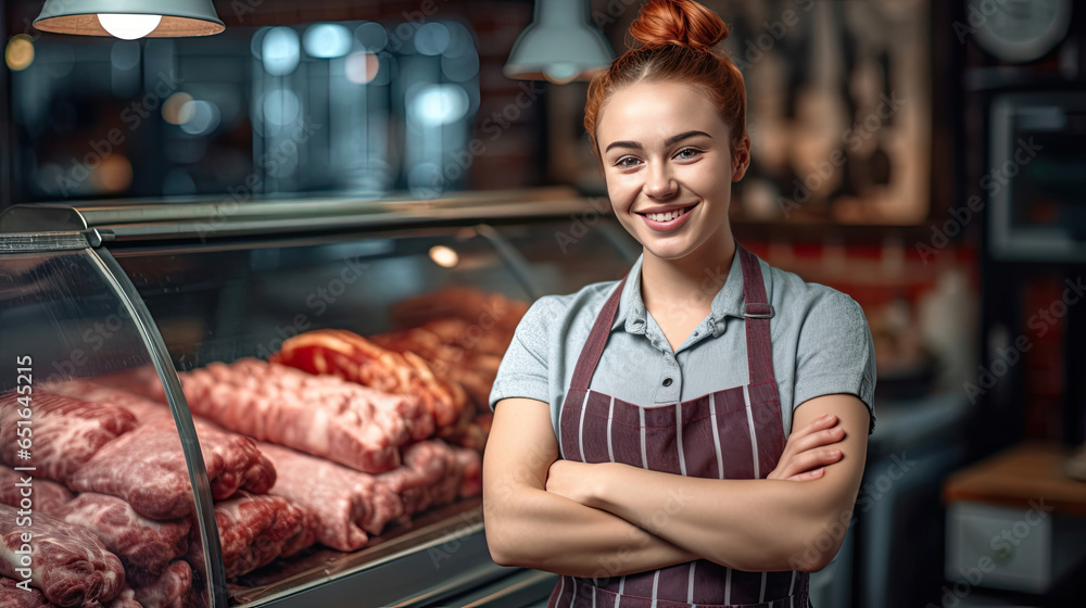 Portrait of A happy female butcher standing with arms crossed in modern meat shop. Generative Ai