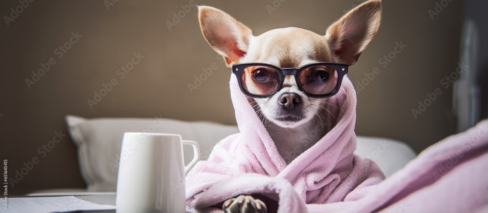 Chihuahua dog at spa center dressed in a bathrobe and sunglasses taking a selfie while relaxing