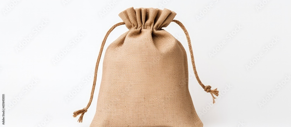 Eco friendly woman holding jute bag on white background promoting zero waste and plastic free shopping