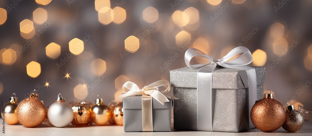 Close up of various sized Christmas gifts on a table with gray balls against a New Year tree Symbolizing holidays and celebration