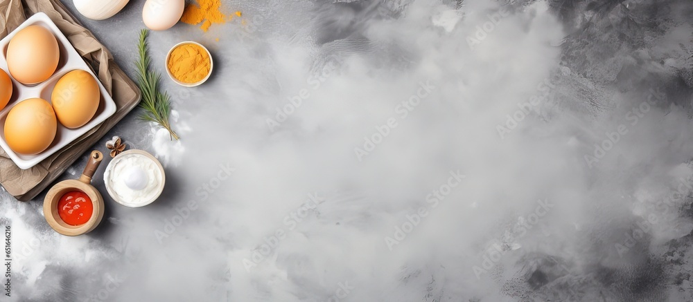 Top view mockup of a recipe with baking and cooking ingredients on a grey concrete background