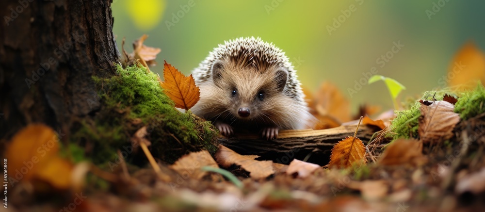 Wild hedgehog s burrow in the forest among tree branches and needles