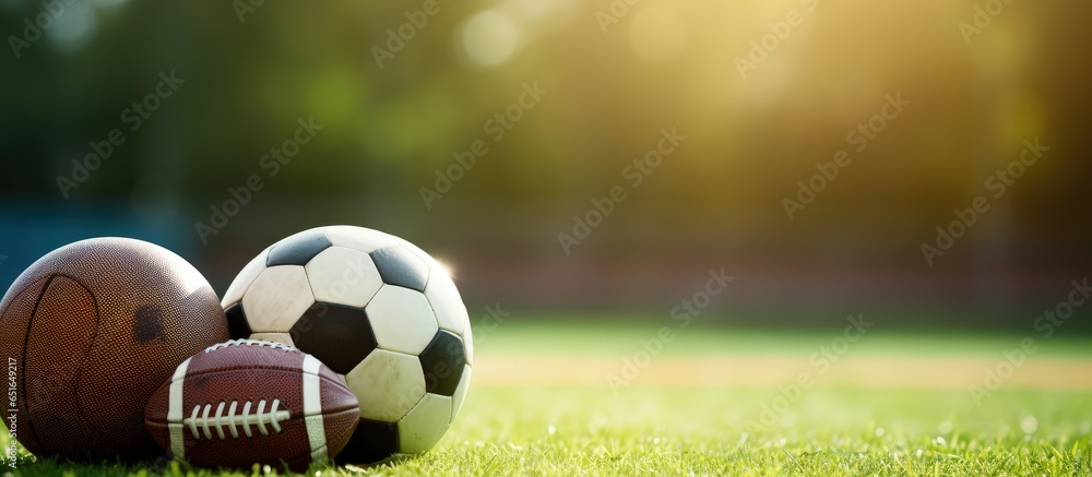 Various sports equipment on a pitch with bokeh background