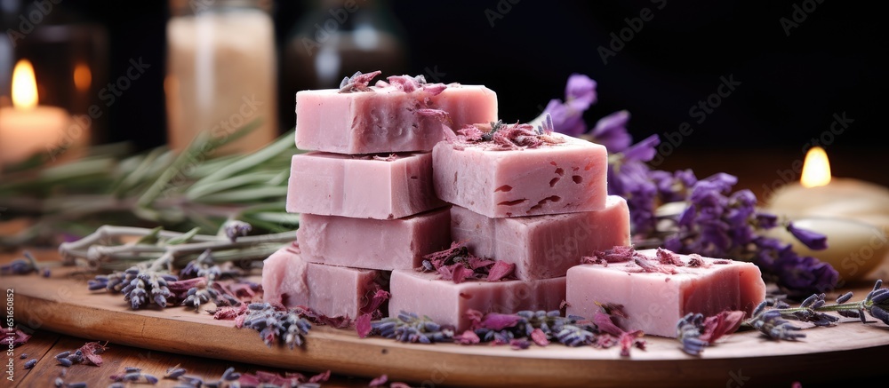 Artisan soap accompanied by spa items featuring dried lavender and rose petals