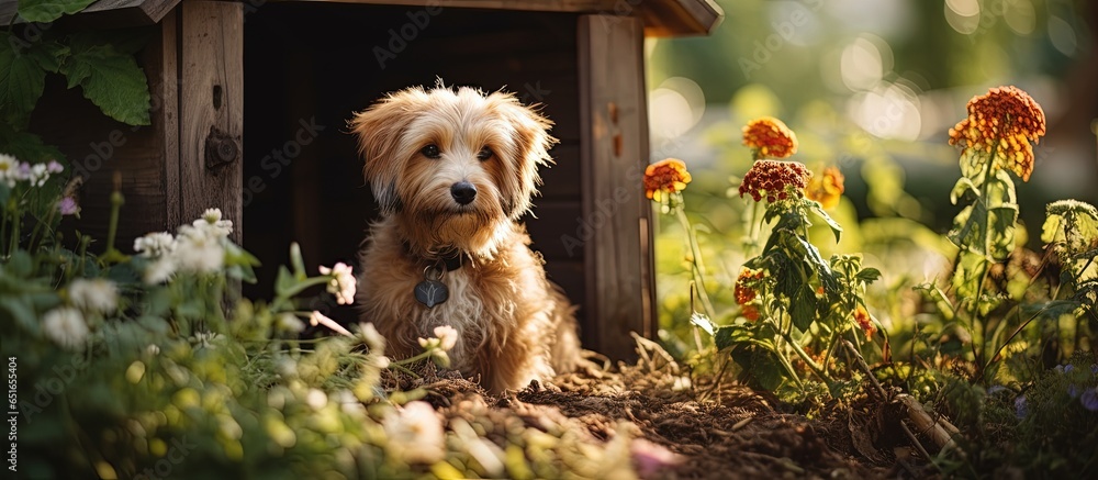 Dog in a yard with a doghouse